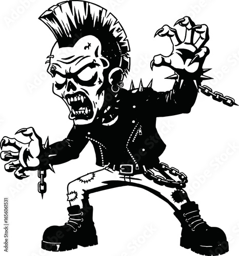 Angry zombie punk rocker graphic illustration.