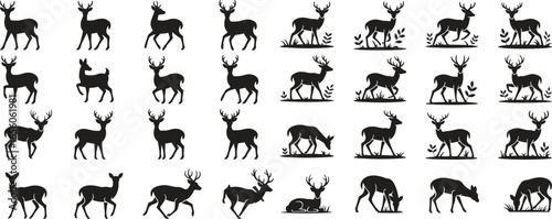 Silhouette Deer Poses Icons Set. Wildlife, Antlers, Forest, Hunting. Vector Illustration Isolate on White Background