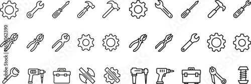 Gear And Tool Thin Line Icons Set. Equipment, Wrench, Repair, Maintenance. Editable Stroke. Vector Illustration