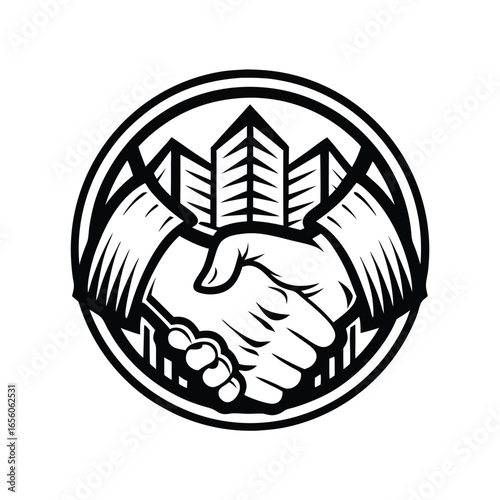 Symbolic Handshake with Buildings on White Background in a Circle