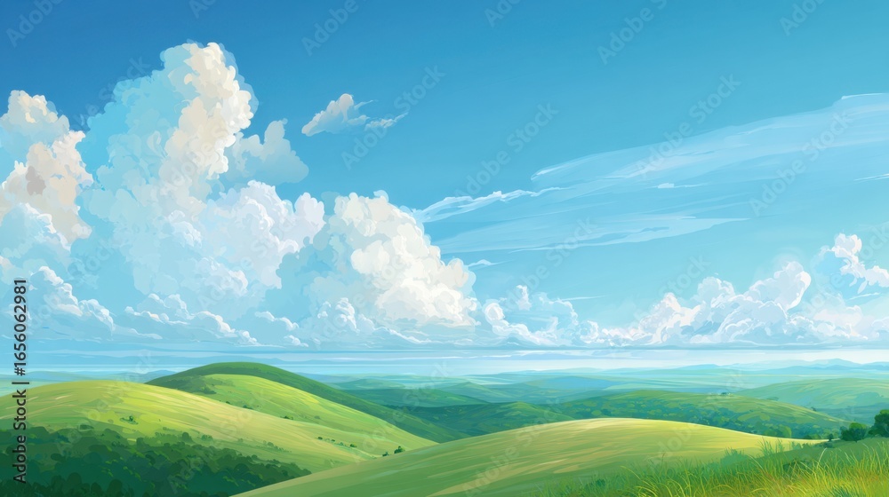Obraz premium A landscape with green rolling hills under a blue sky with fluffy white clouds, representing nature and environment