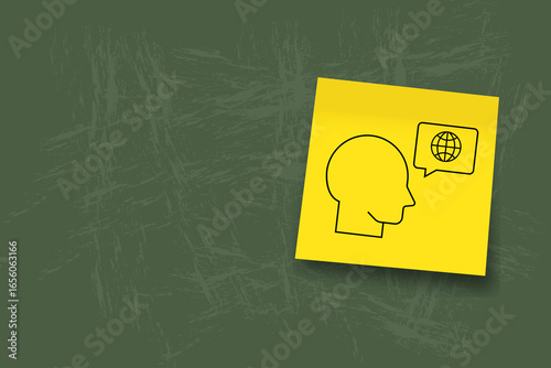 a yellow square card with a black minimalist icon of a human head containing a globe symbol inside. It represents global thinking, internet, worldwide connection, or digital mindset. interner. local. 