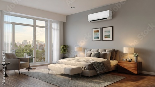 Modern bedroom design inspiration urban apartment interior photography bright atmosphere wide angle minimalist concept