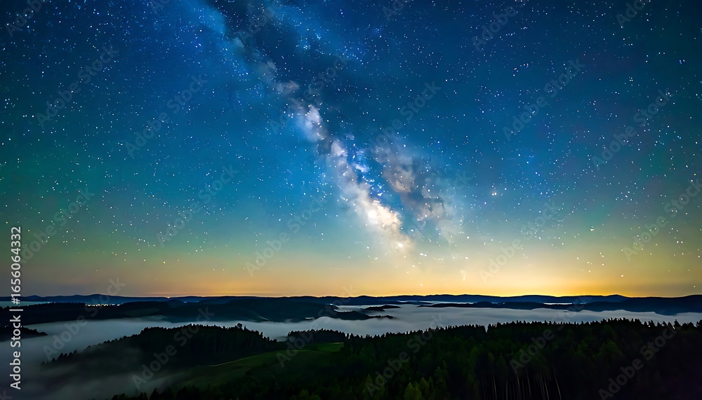 Fototapeta premium Milky way over a misty mountain range at dawn.