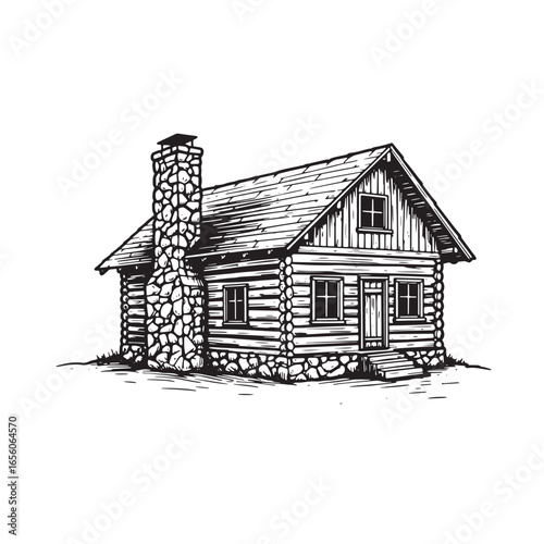 Black and white hand drawn illustration of a cozy cabin with a stone chimney