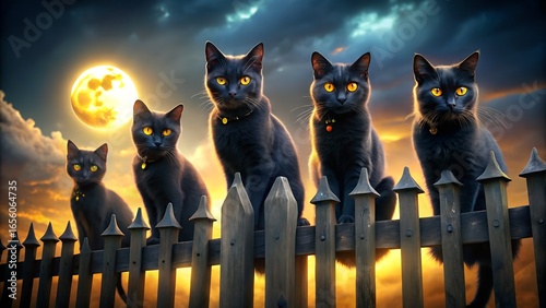 Black Cats with Glowing Eyes Sitting on a Crooked