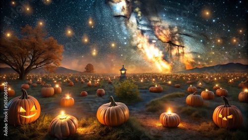 Dark Pumpkin Patch Under a Starry Sky with Scatter