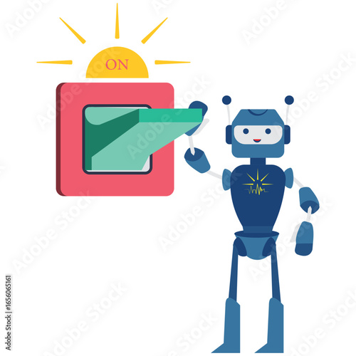 Friendly robot activates a bright sun switch, symbolizing new beginnings and innovation.