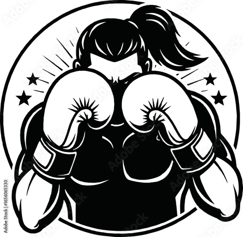 A powerful black and white illustration of a muscular female boxer with a ponytail, holding up her gloves in a defensive stance.