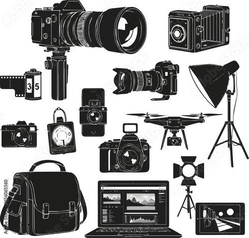 Isolated a Retro camera and old or modern photography equipment vector silhouette art with white background.