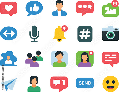 Sleek flat social media icon suite — vector UI symbols for communication & engagement