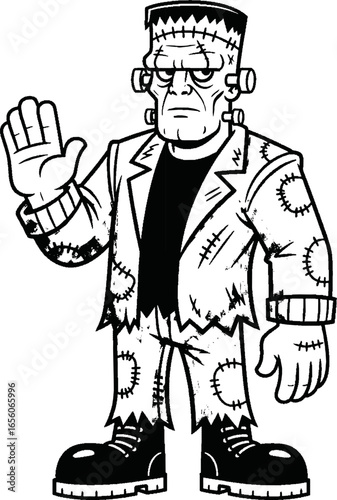 A black and white cartoon illustration of Frankenstein's monster waving with a stern expression.