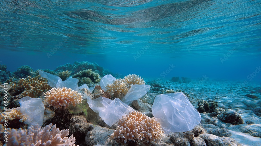 Obraz premium Colorful coral reefs are marred by plastic debris, showcasing environmental pollution underwater.