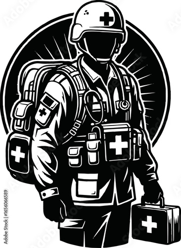 Black and white illustration of a military medic carrying a medical kit and backpack.