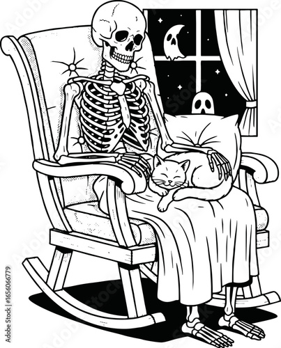 Skeleton in rocking chair with cat, ghost, and book illustration.