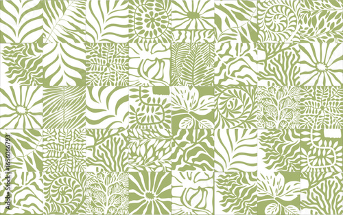 A patterned collage of white botanical illustration on a soft green background, featuring various leaf designs and organic shapes.

