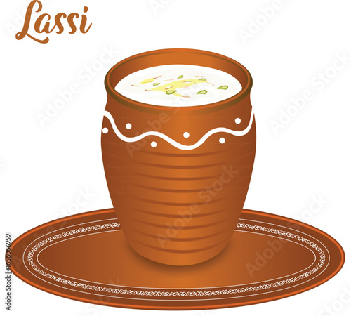 Indian Traditional Drink Lassi in Mud Glass Garnished With Almond, Pistachio And Saffron Vector Illustration