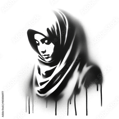 muslim woman graffiti stencil-art style,black over white