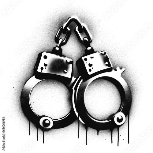 handcuffs graffiti stencil-art style,black over white