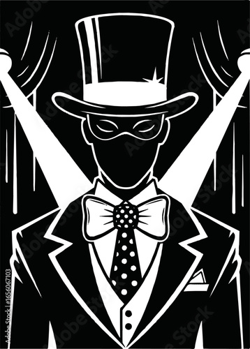 Mysterious masked man in top hat and tuxedo, stage lighting.