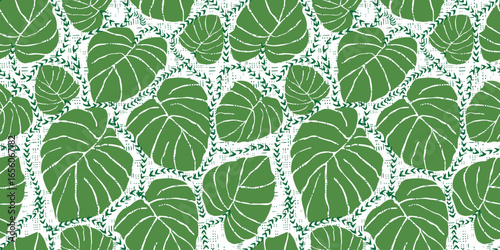 
A pattern of large green leaves with bold, white veins, set against a textured white background with subtle decorative elements.
