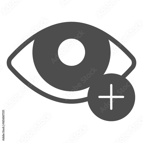 Eye and plus solid icon, vision treatment concept. Vector graphics. Hyperopia, ophthalmology sign on white background, glyph style icon for mobile or web design.
