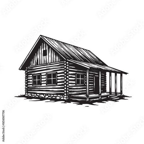 Detailed black and white illustration of a rustic log cabin with an inviting porch design