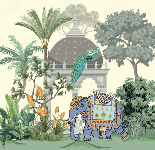 Decorative mughal elephant in a garden, Mughal Wallpaper, Mughal Wedding, Indian Wedding.