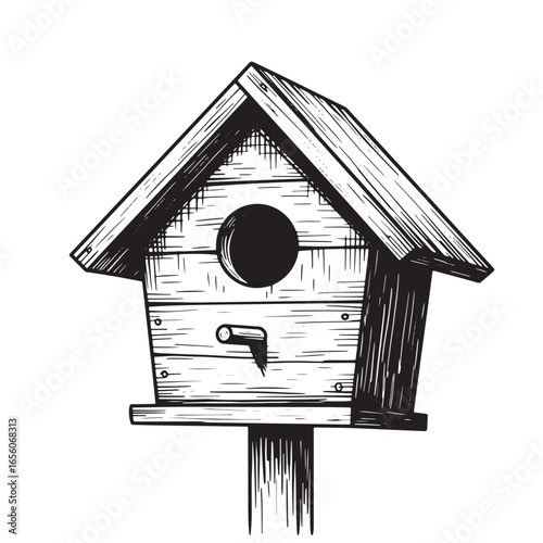 Detailed hand drawn black and white illustration of a wooden birdhouse on a post