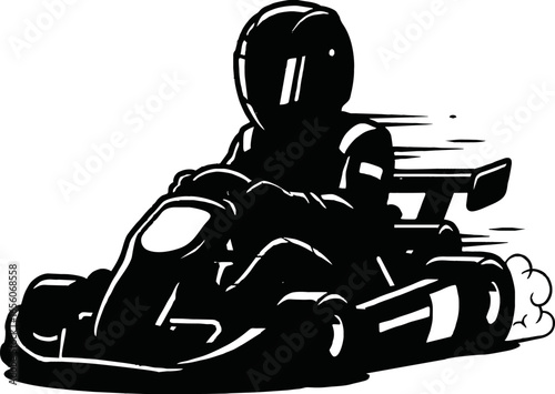 A black and white illustration of a go-kart racer speeding along a track.