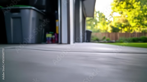 Wallpaper Mural Ground level shot of a home garage with the door open, leading to a neatly maintained green backyard filled with lush trees and bathed in warm sunlight. Torontodigital.ca