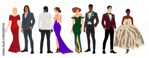 Diverse of multiracial and multinational couples wearing evening formal or black tie outfits for celebration, wedding, Christmas Eve or New Year party. Happy men and women in gorgeous luxury clothes.