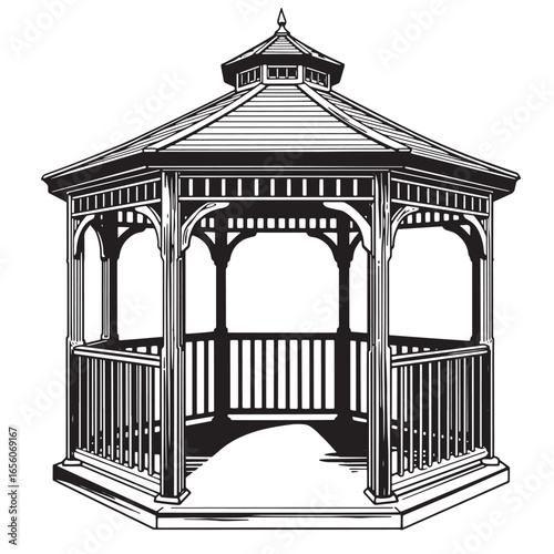Elegant black and white illustration of a classic octagonal gazebo structure isolated on white