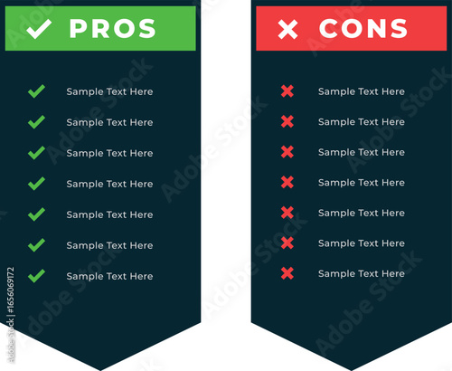  Pros Cons Business Wrong Cross Mark Right Do Sign Yes Comparison advantages disadvantages list template with thumbs up and down. transparent png and vector illustration