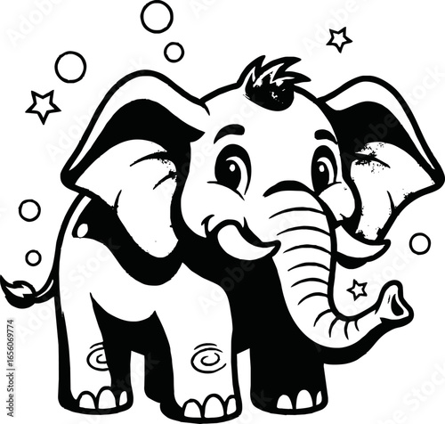 A cute cartoon baby elephant with stars and bubbles.