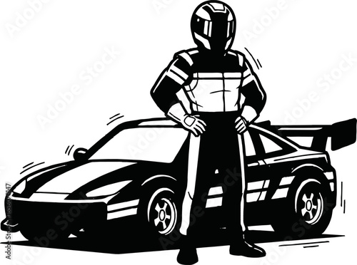 A black and white illustration of a race car driver standing confidently in front of a sleek sports car.