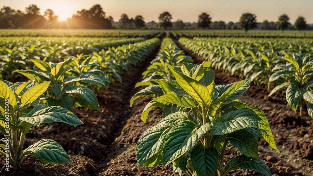 Obraz premium Vibrant Green Tobacco Growing in Rows