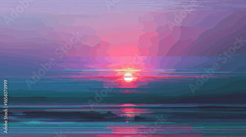 Glitch vector background depicting sunset over calm ocean waters  