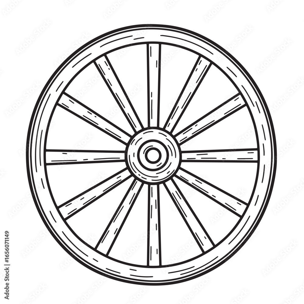 Fototapeta premium Hand drawn illustration of a vintage wooden wagon wheel in black and white design