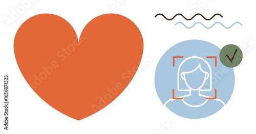 Red heart alongside facial recognition icon with approval checkmark and wavy lines. Ideal for identity verification, approval, technology, health, emotions, security, validation. Simple flat metaphor