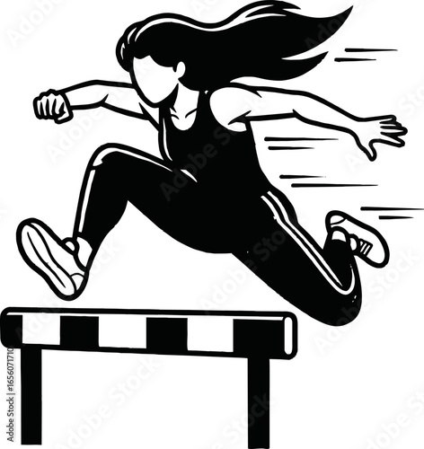 Black and white illustration of a woman athlete jumping over a hurdle during a race.