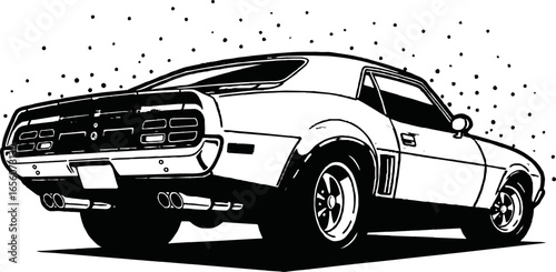 A black and white illustration of the rear three-quarter view of a classic American muscle car, possibly a 1970s model, with a sporty design and dual exhaust pipes.