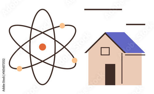 Atomic model with orbiting electrons beside simple house with blue roof, emphasizing renewable energy, science in everyday living, and sustainability. Ideal for innovation, education, energy