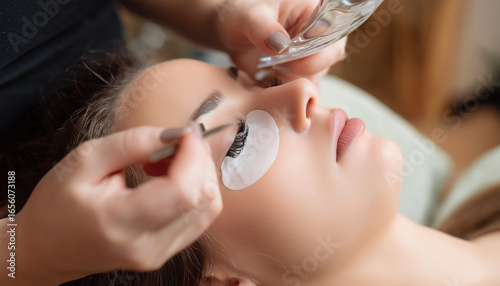 Close-up of a woman receiving an eyelash lift and lamination treatment at a beauty salon