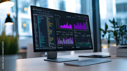 Modern computer monitor displaying colorful data visualizations and analytics in bright office environment, conveying innovation and technology