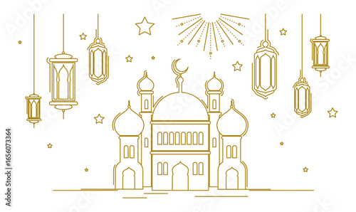 Muslim mosque, hanging lanterns. Crescent and stars. Lanterns hanging islamic decorations greeting card or poster design decoration. Vector horizontal banner, design in line art style
