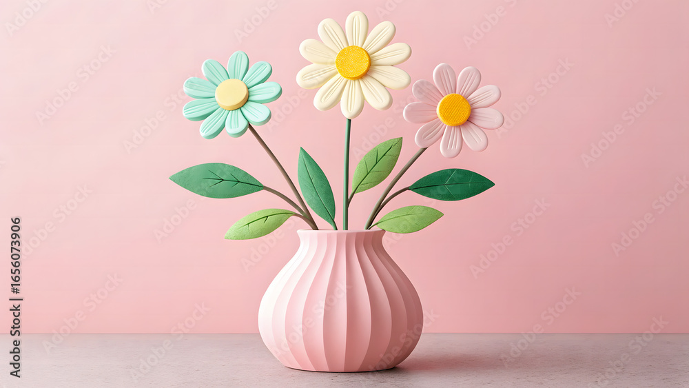 Obraz premium Three pastel colored paper flowers in a pink ribbed vase against a soft pink background