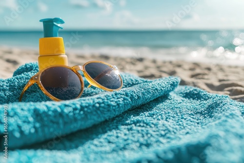 Beach essentials on a teal towel