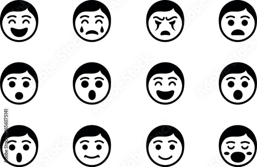 Twelve Simple Black and White Emoticon Faces: Diverse Emotions