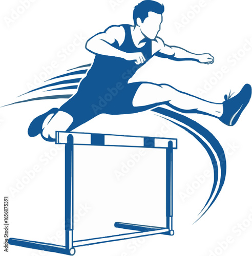 A dynamic blue silhouette illustration of an athlete clearing a hurdle during a track and field event, with motion lines.